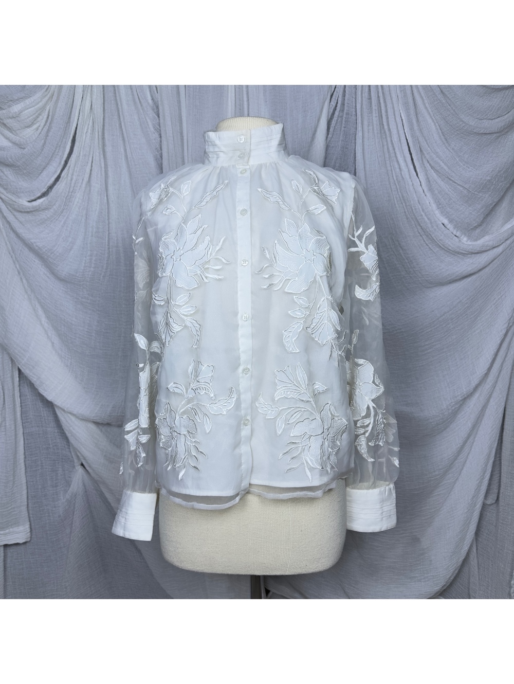 White Embroidered Sheer Sleeve Blouse